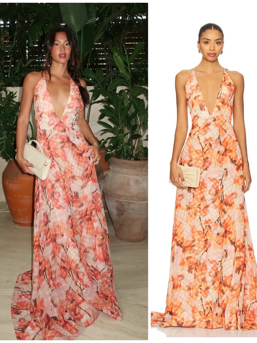 NWT Sau Lee Calista Maxi Long Chiffon Floral Dress Orange Plunge Size Women’s 4